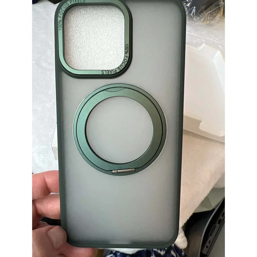 QTlier Green case iPhone 15 promax, 360 Rotatable Ring Stand, Raised Camera Fram